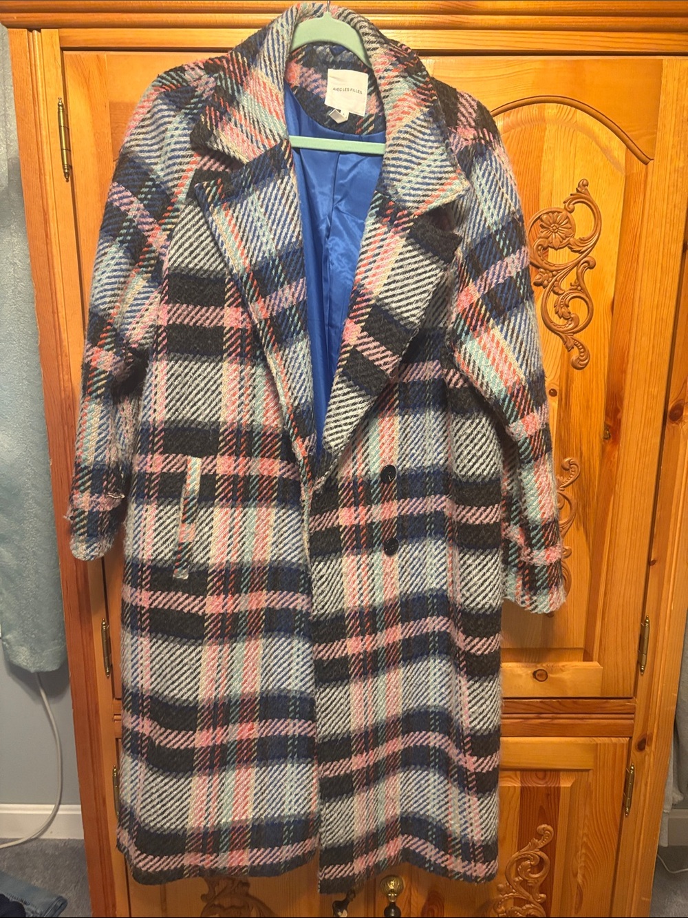 Avec Les Filles Plaid Double-Breasted Pea Coat in Pink & Navy